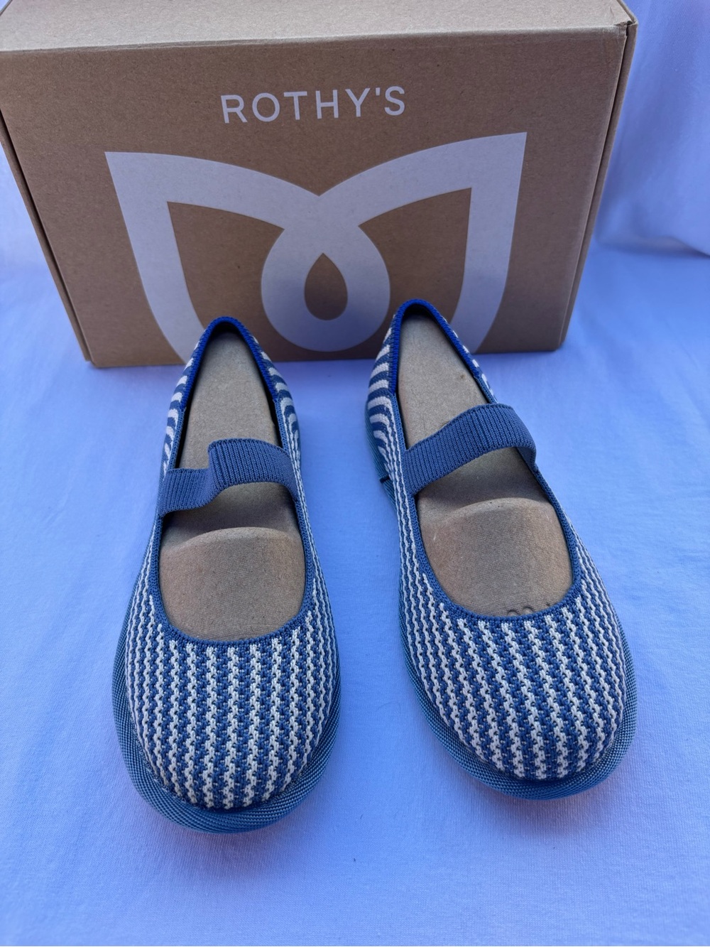 Rothy's Kids Blue and White Knit Mary Jane Flats